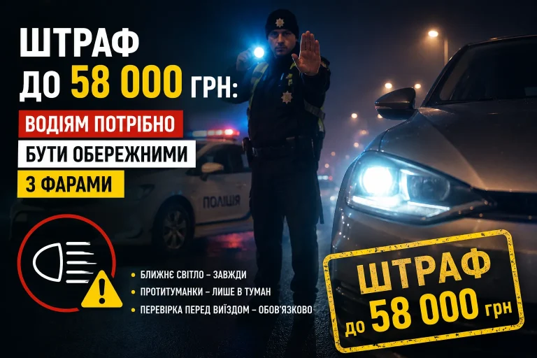 Штраф до 58 000 грн за фари у 2026 році: за що реально можуть покарати водія в Україні