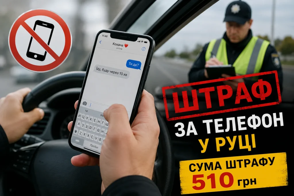 водій користується телефоном за кермом та поліцейський в Україні