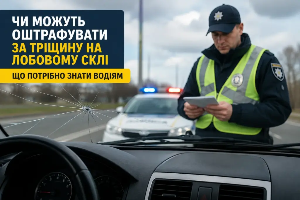Поліцейський перевіряє документи біля автомобіля з тріщиною на лобовому склі