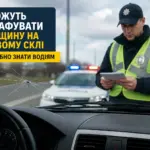 Поліцейський перевіряє документи біля автомобіля з тріщиною на лобовому склі
