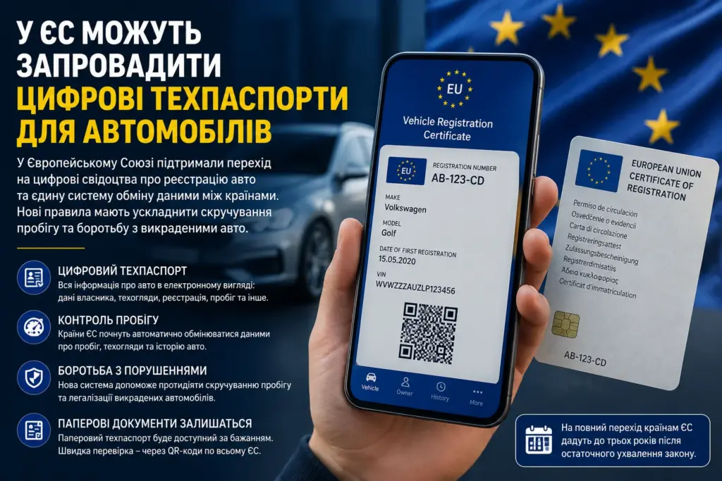 Смартфон із цифровим техпаспортом автомобіля на фоні прапора ЄС