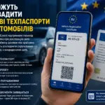 Смартфон із цифровим техпаспортом автомобіля на фоні прапора ЄС