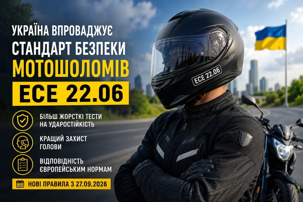 Україна впроваджує стандарт безпеки мотошоломів ECE 22.06 — сучасний мотошолом мотоцикліста на фоні дороги та транспорту в Україні