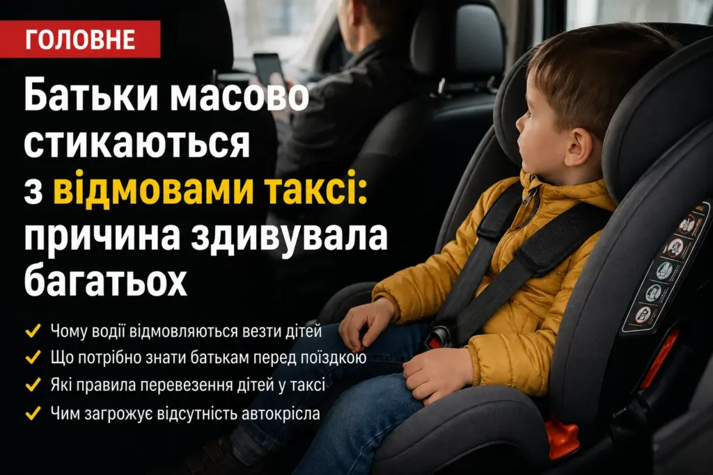 Дитина в автокріслі на задньому сидінні таксі під час поїздки містом