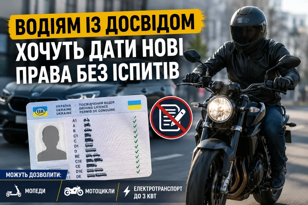 Водіям із категорією B можуть дозволити керувати мотоциклами без додаткових іспитів