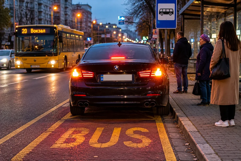 Автомобіль з увімкненою аварійкою стоїть на автобусній зупинці в місті