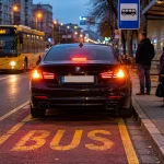 Автомобіль з увімкненою аварійкою стоїть на автобусній зупинці в місті