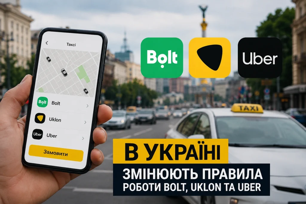 Смартфон із застосунками Bolt, Uklon та Uber на тлі таксі в центрі Києва