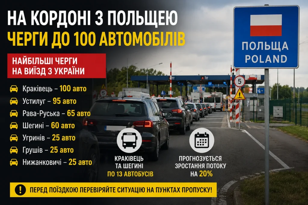 Черги автомобілів на кордоні України та Польщі у червні 2026 року