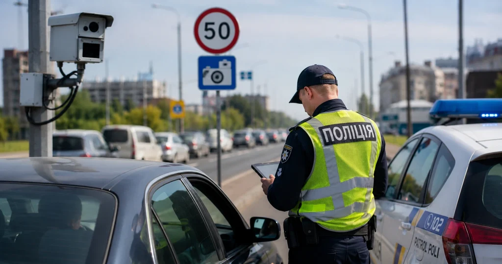 Поліцейський контролює дорожній рух поруч із камерою автофіксації порушень