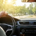 Водій за кермом автомобіля у спеку, кондиціонер у салоні не гарантує штраф, дорожня ситуація на літній дорозі