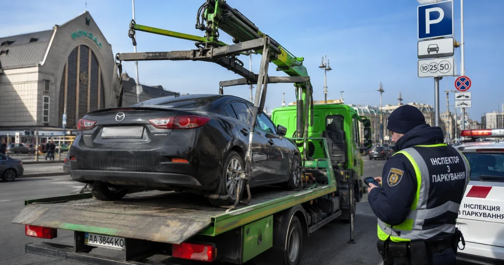 Евакуатор забирає автомобіль за неправильне паркування біля вокзалу в Києві