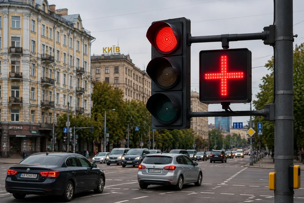 Новий сигнал світлофора у вигляді червоного плюса на перехресті в Києві