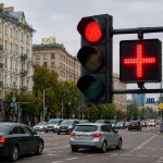 Новий сигнал світлофора у вигляді червоного плюса на перехресті в Києві