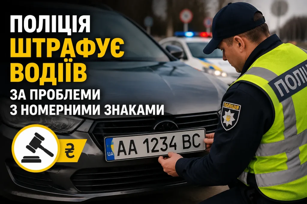 Поліцейський перевіряє номерний знак автомобіля під час зупинки на дорозі в Україні