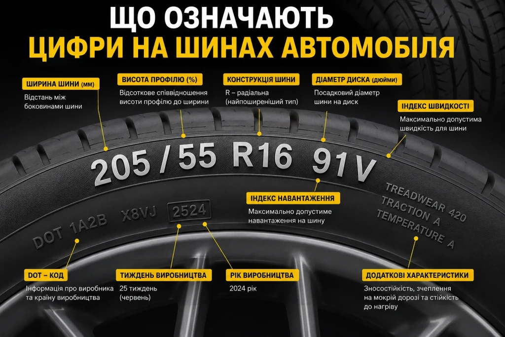 Маркування автомобільної шини 205 55 R16 з поясненням усіх позначень на боковині