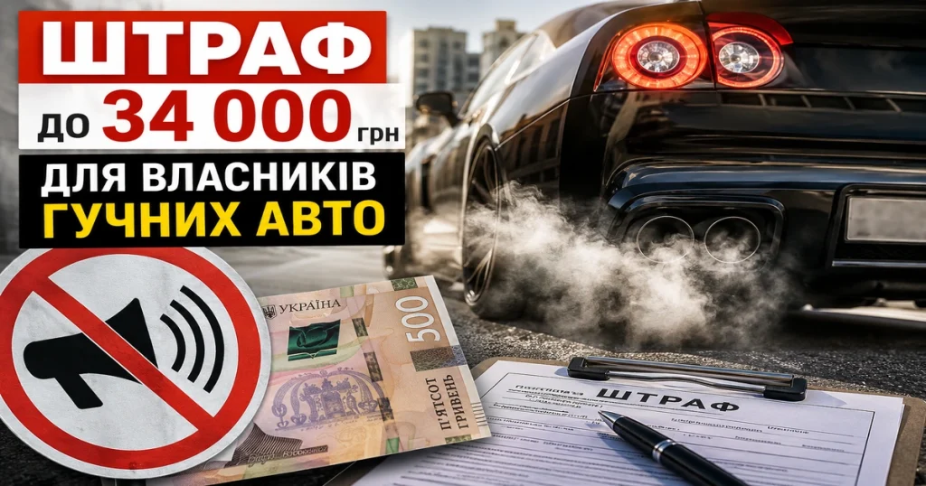 Спортивний автомобіль із гучним вихлопом та попередження про штраф до 34 000 гривень