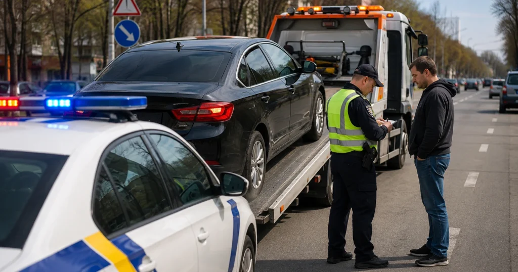 Поліція евакуює автомобіль порушника після серйозного порушення ПДР в Україні