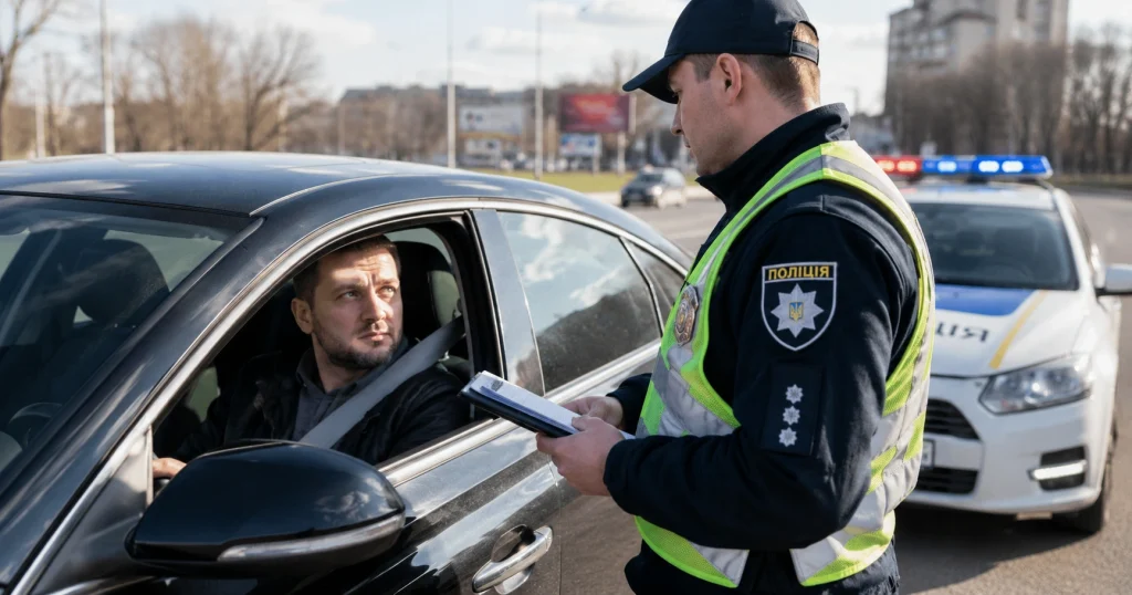 Поліцейський перевіряє водія на дорозі через непристебнутий ремінь безпеки