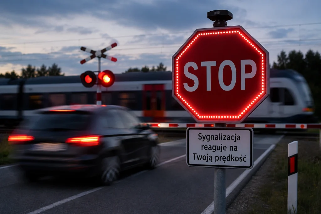 Знак STOP з підсвічуванням, який реагує на швидкість автомобіля біля залізничного переїзду