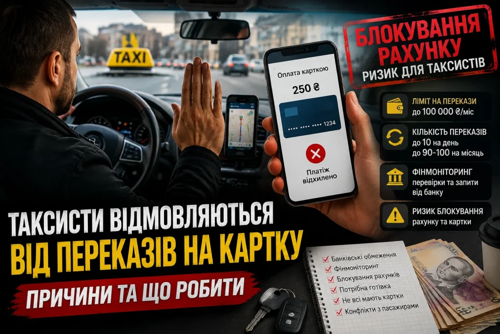 Водій таксі і пасажир сперечаються через оплату поїздки карткою чи готівкою, конфлікт через фінансові обмеження банку.