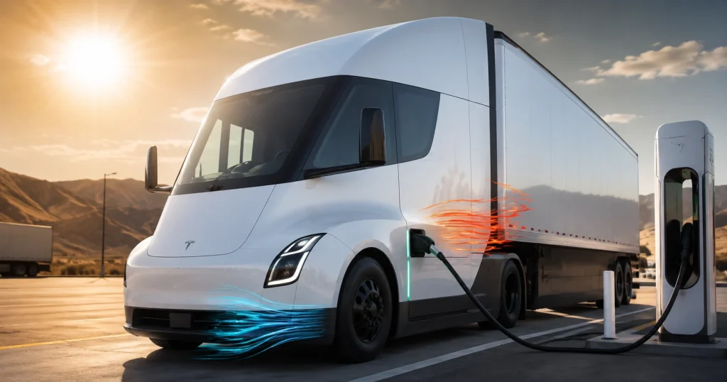Tesla Semi заряджається на швидкісній станції під час літньої спеки