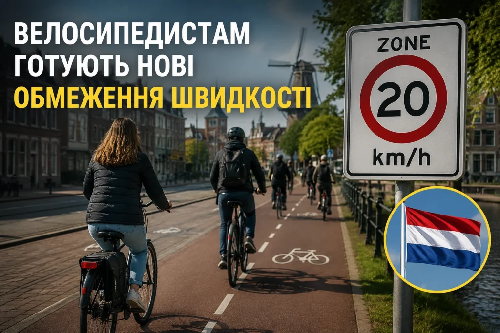 Велосипедисти рухаються велодоріжкою поруч зі знаком обмеження швидкості 20 км/год