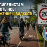 Велосипедисти рухаються велодоріжкою поруч зі знаком обмеження швидкості 20 км/год