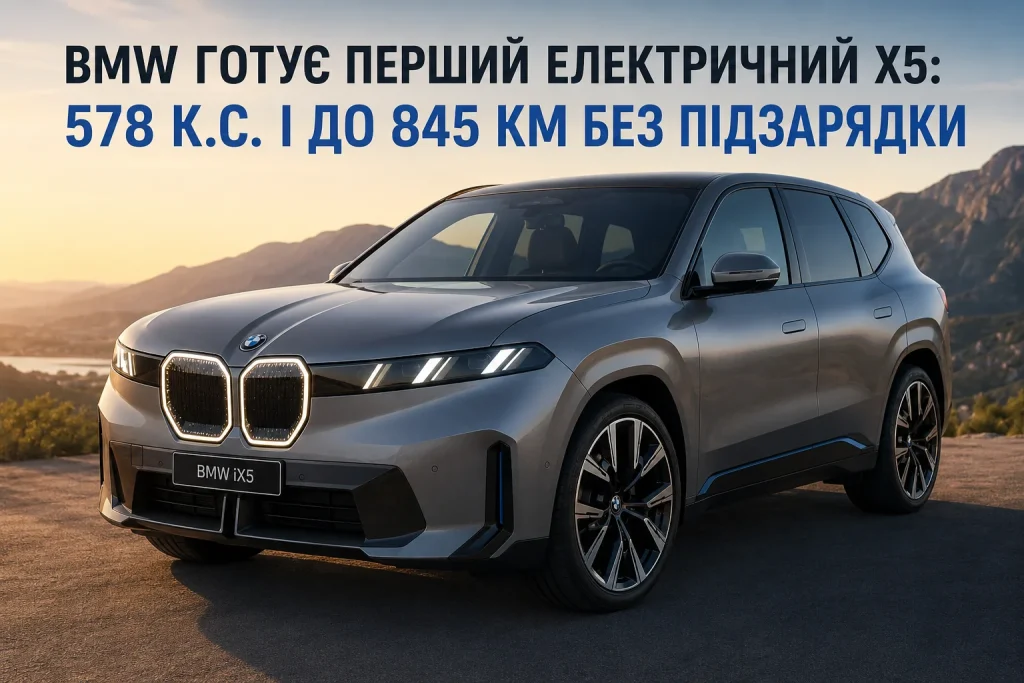 BMW iX5 на тлі гір — електричний кросовер потужністю 578 к.с. із запасом ходу до 845 км