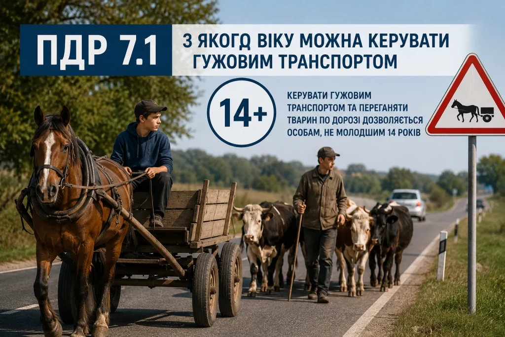 ПДР 7.1 — керування гужовим транспортом і переганяння тварин з 14 років