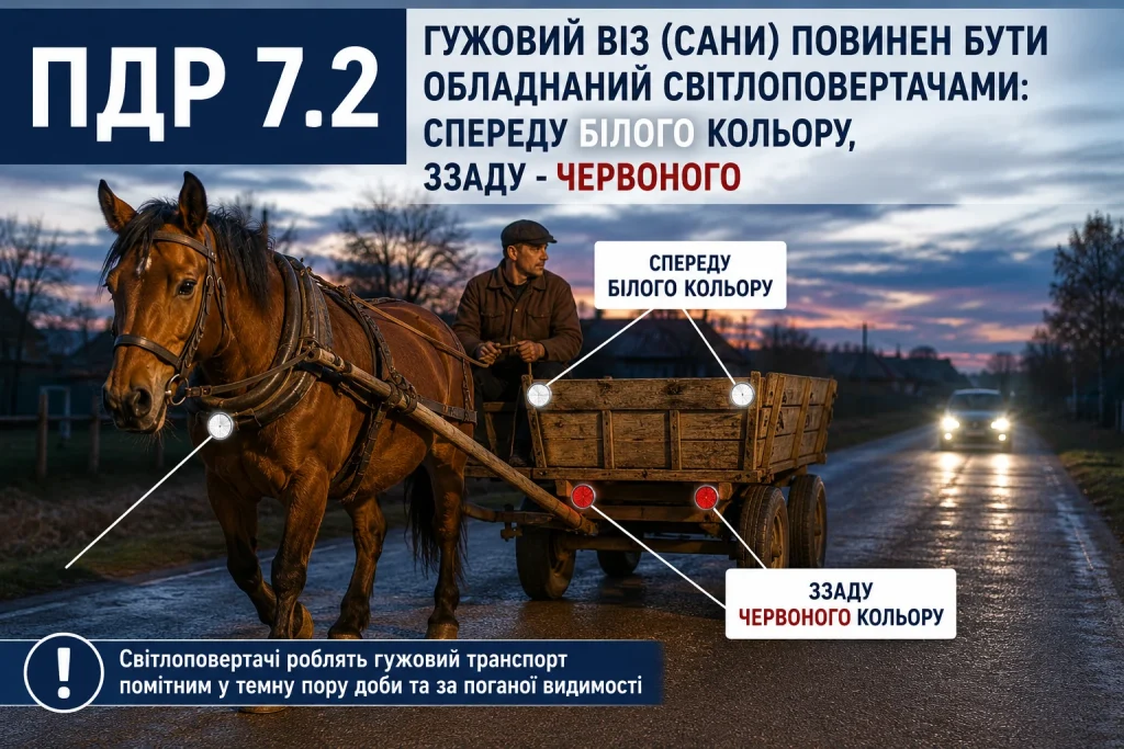 білі світлоповертачі спереду та червоні ззаду на гужовому возі