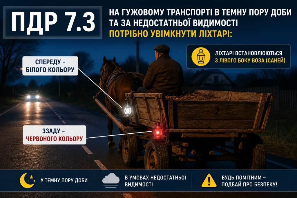 ПДР 7.3 — білий і червоний ліхтарі на гужовому транспорті в темну пору доби
