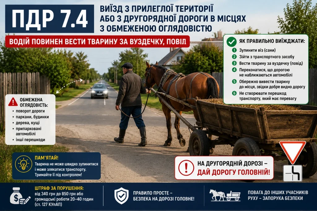 ПДР 7.4 — водій веде коня за вуздечку під час виїзду на дорогу з обмеженою оглядовістю