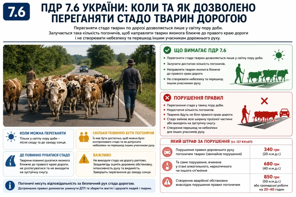 ПДР 7.6 — переганяння стада тварин дорогою у світлу пору доби