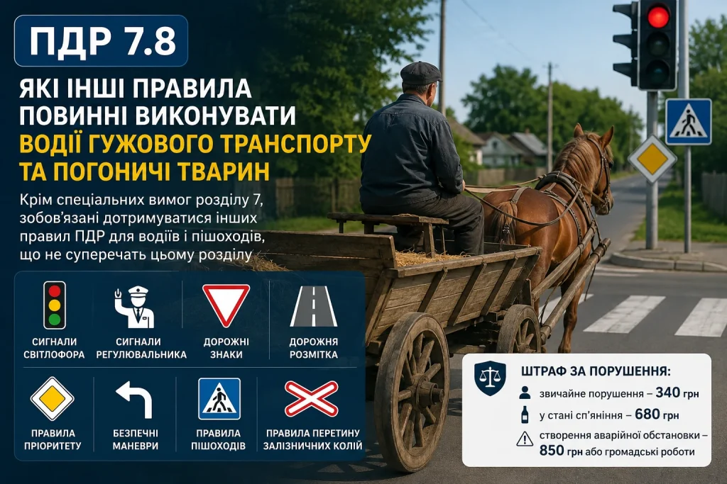 ПДР 7.8 — водій гужового транспорту виконує сигнали світлофора та дорожні знаки