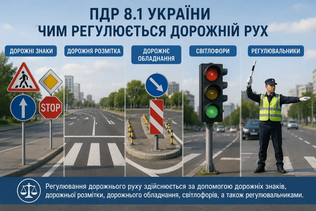 ПДР 8.1 України — дорожні знаки, розмітка, світлофор і регулювальник