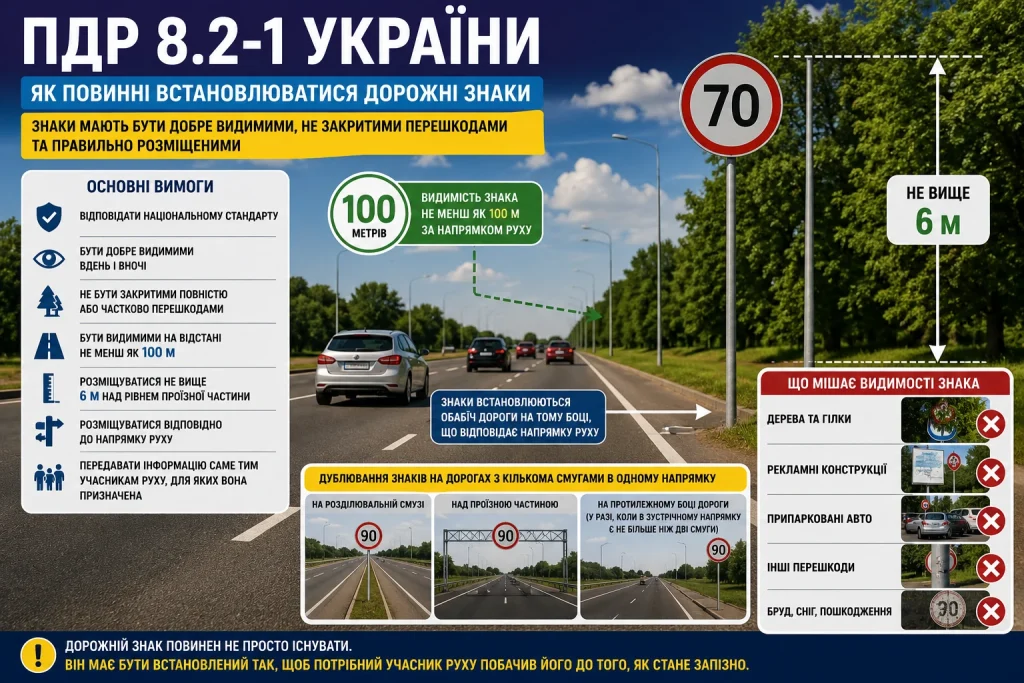 ПДР 8.2-1 України — вимоги до видимості та встановлення дорожніх знаків