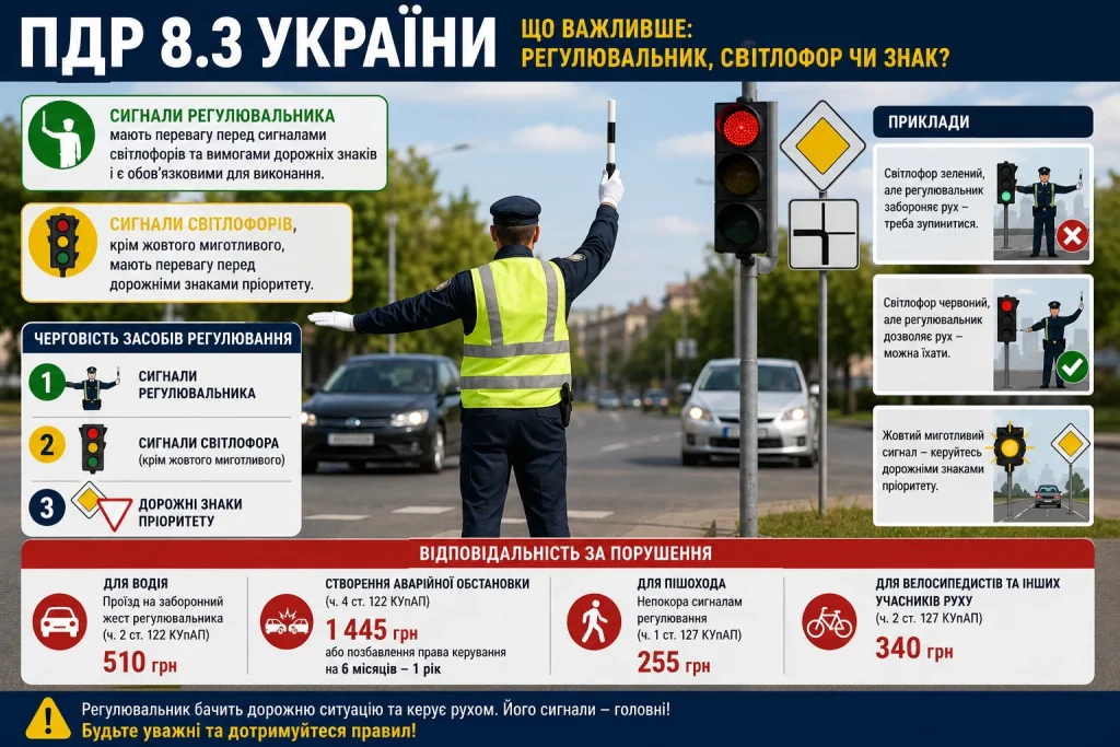 ПДР 8.3 України — регулювальник має перевагу перед світлофором і дорожніми знаками
