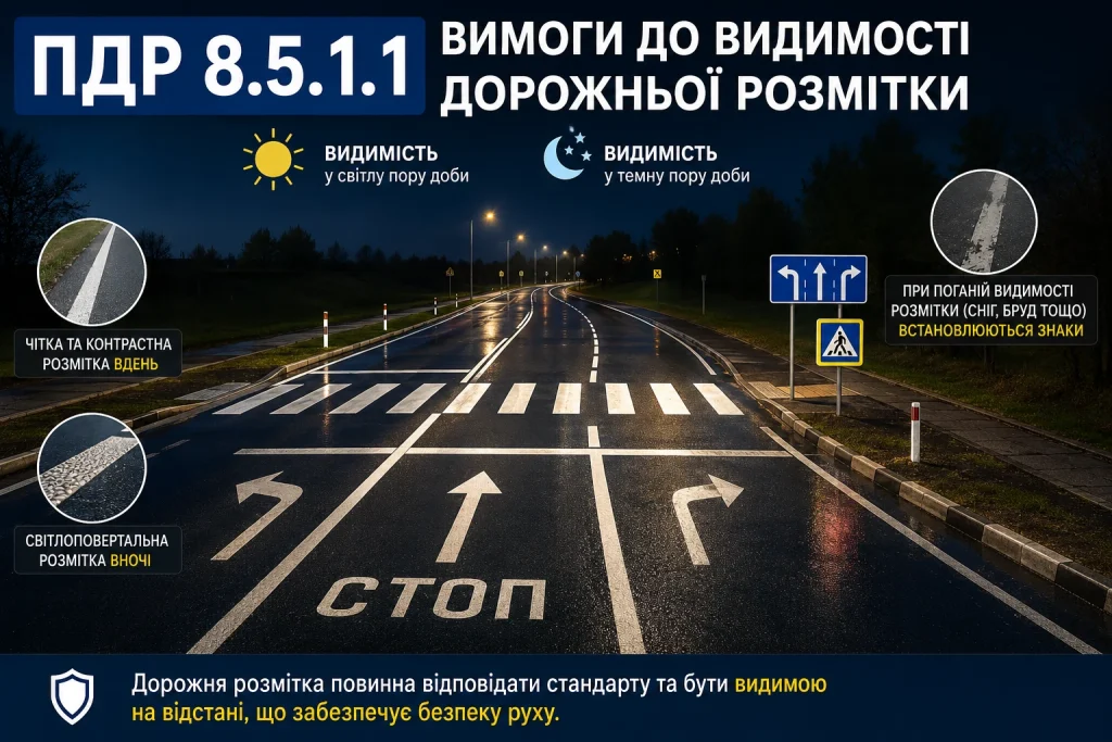 ПДР 8.5.1.1 України — видима дорожня розмітка в темну пору доби