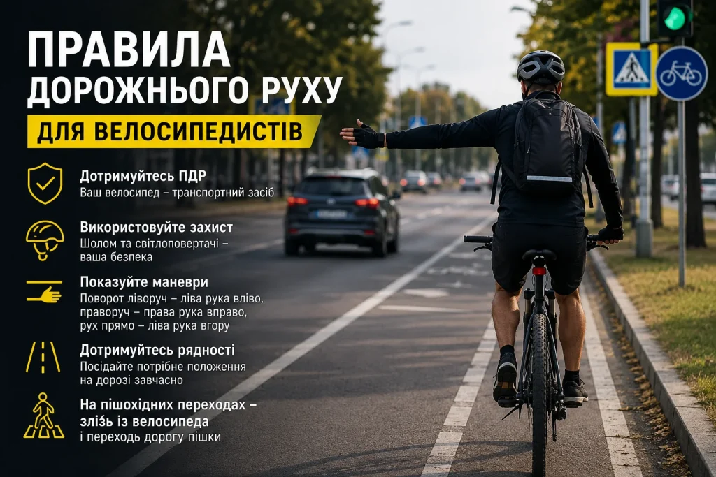 Правила для велосипедистів в Україні — велосипедист показує сигнал повороту рукою на дорозі