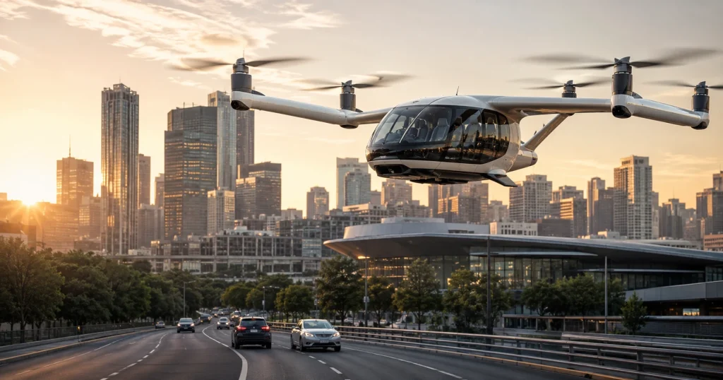 Літаюче електричне таксі VTOL над містом на тлі автомобільної дороги