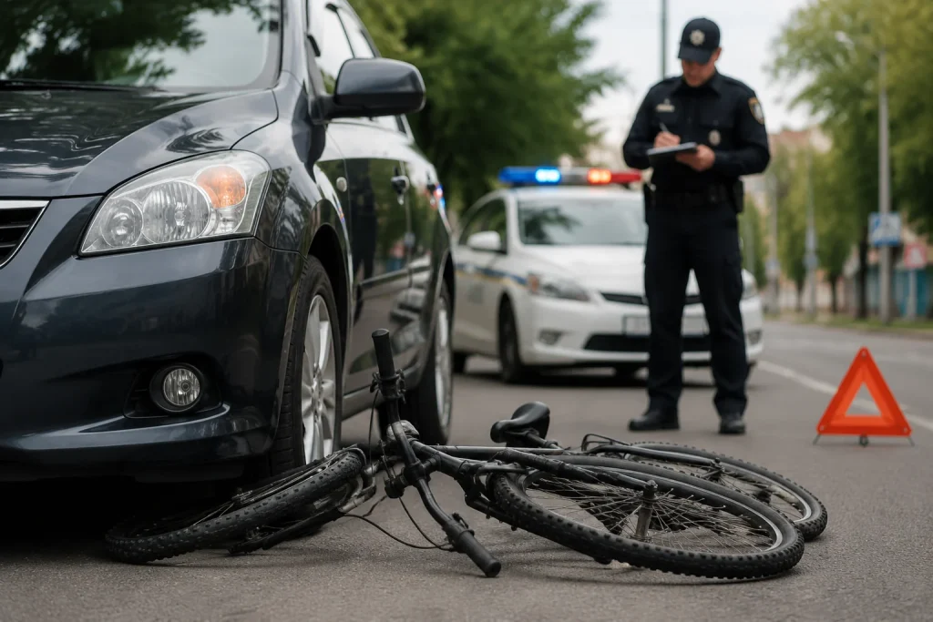 Велосипед і автомобіль після ДТП на дорозі