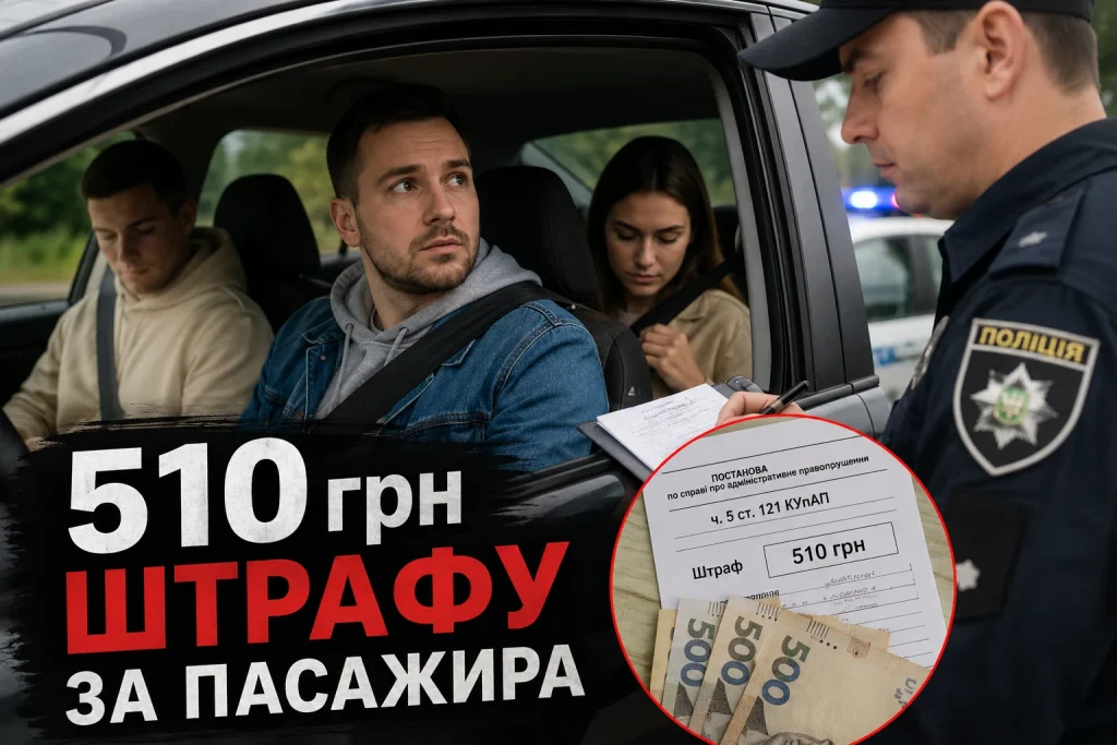 Поліцейський виписує водієві штраф 510 грн за непристебнутого пасажира