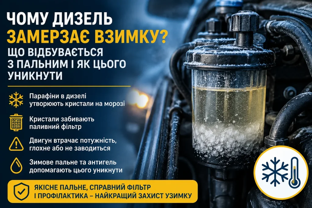 Чому дизель замерзає взимку — парафінові кристали в паливному фільтрі