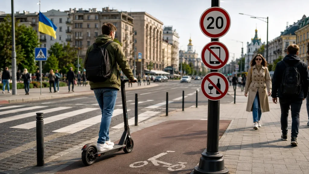 Користувач електросамоката біля знаків обмеження швидкості до 20 км/год, заборони телефона та алкоголю в Україні