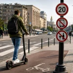 Користувач електросамоката біля знаків обмеження швидкості до 20 км/год, заборони телефона та алкоголю в Україні