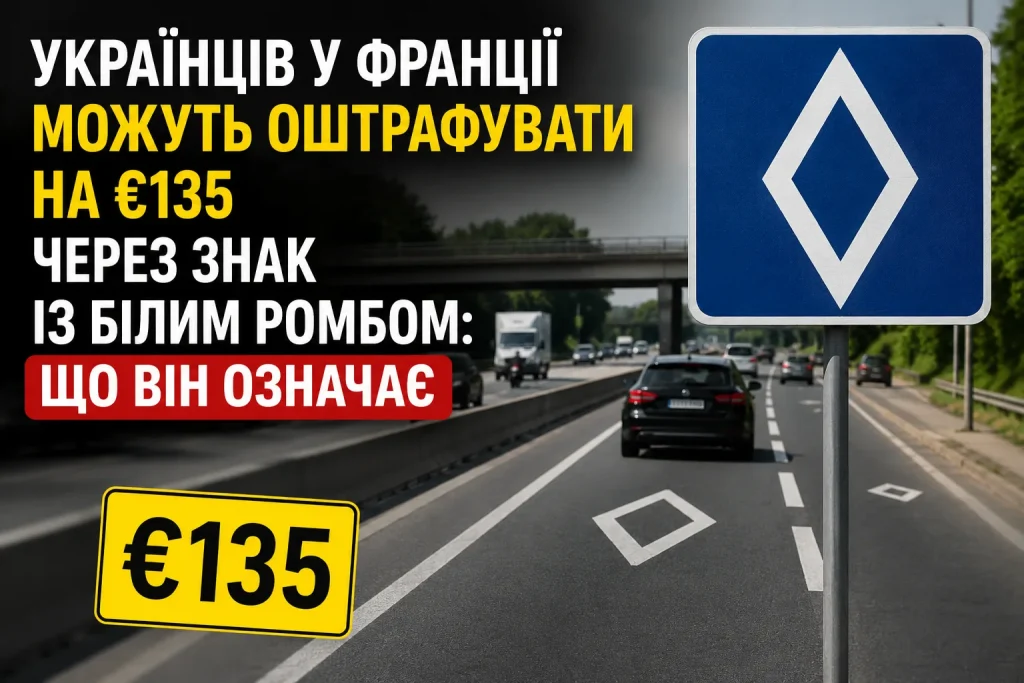 Білий ромб на дорожньому знаку у Франції та штраф €135 для водіїв
