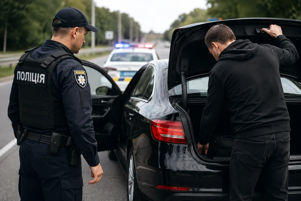 Поліцейський перевіряє автомобіль і відкритий багажник під час зупинки на дорозі