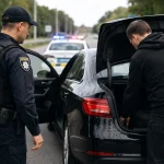 Поліцейський перевіряє автомобіль і відкритий багажник під час зупинки на дорозі