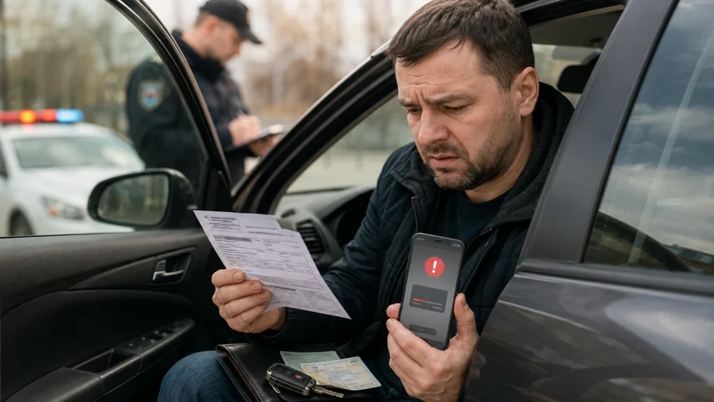 Водій із постановою про штраф за ПДР біля автомобіля та поліцейської машини